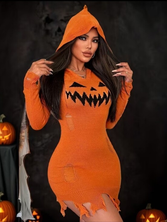 Dresses & Skirts - Orange Halloween Pumpkin Knit Hooded Dress NWOT